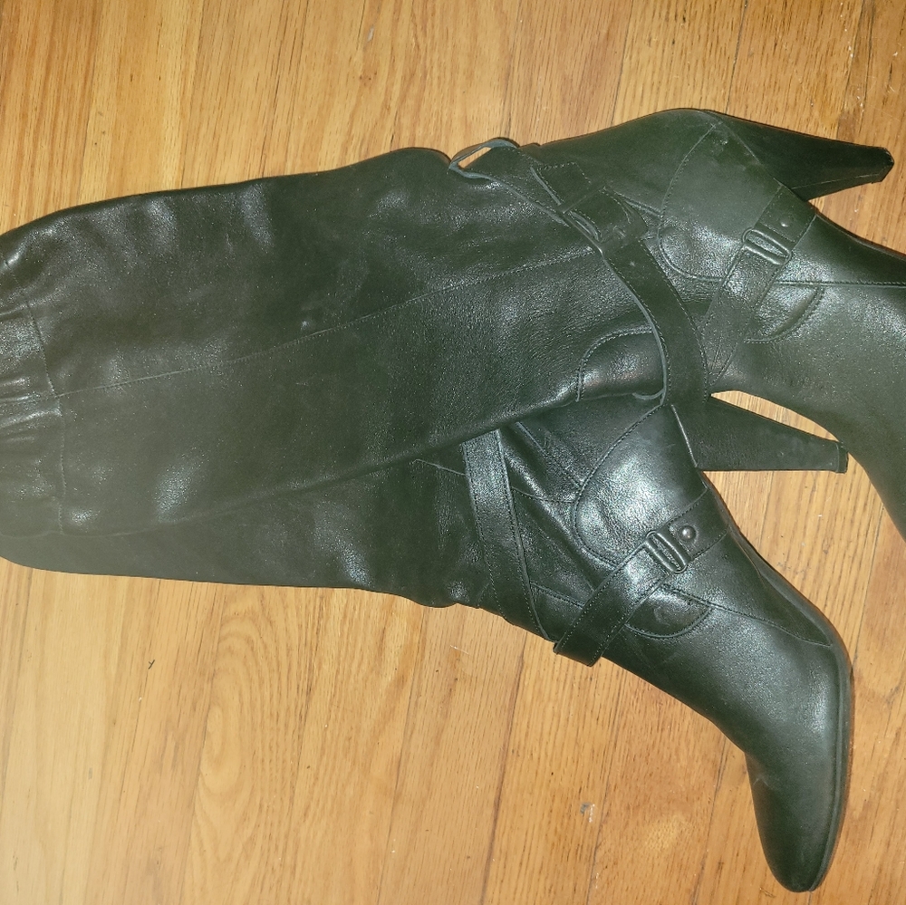 Black leather calf wide leg boots